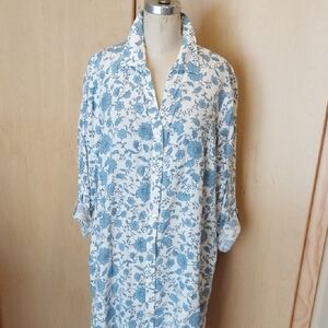 Blue and White Floral J Jill Maxi Linen Shirt Dress Size Large